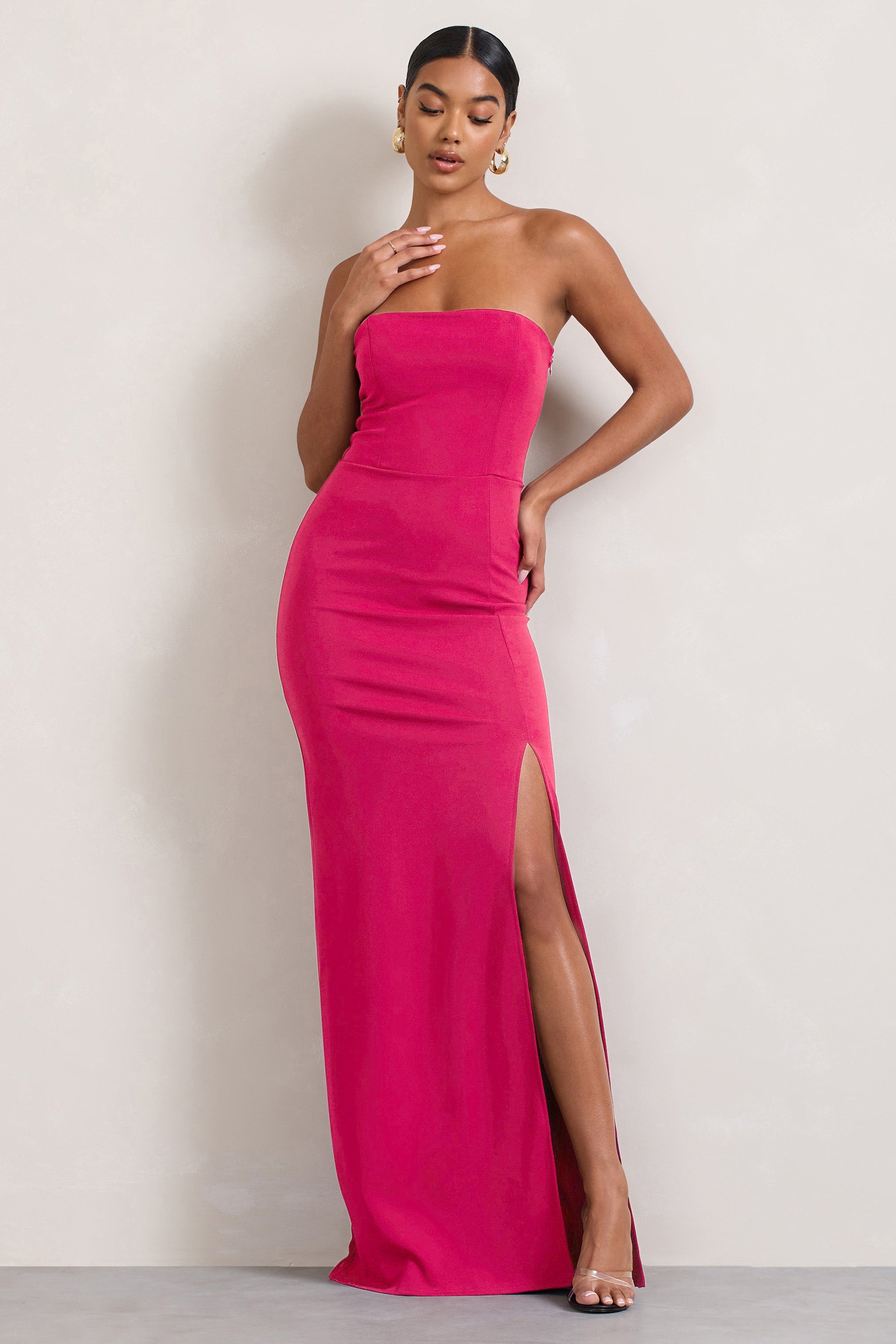 Belle of The Ball | Robe longue bandeau rose vif avec ourlet fendu