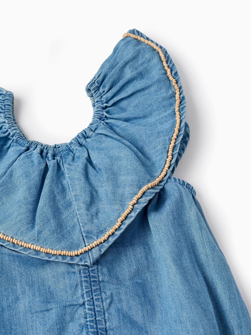 Blouse en jean en coton avec perles pour fille manches courtes - Bleu