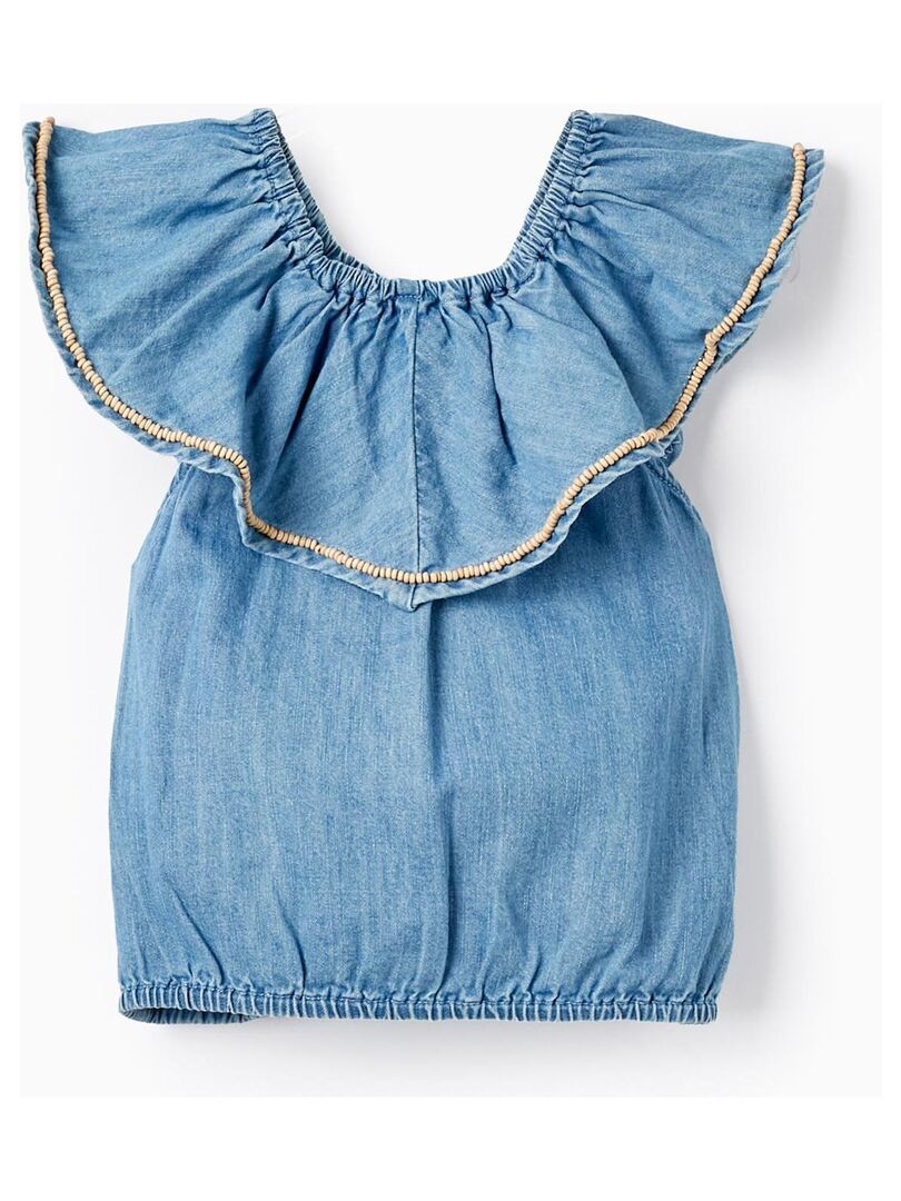 Blouse en jean en coton avec perles pour fille manches courtes - Bleu