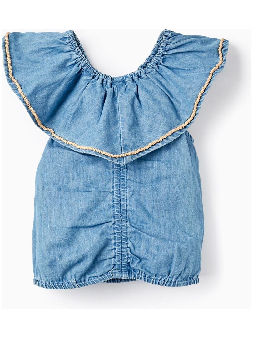 Blouse en jean en coton avec perles pour fille manches courtes - Bleu