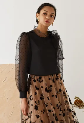 Chemise en nœud papillon en satin à Manches Bulles en Organza Flock Dots en Noir