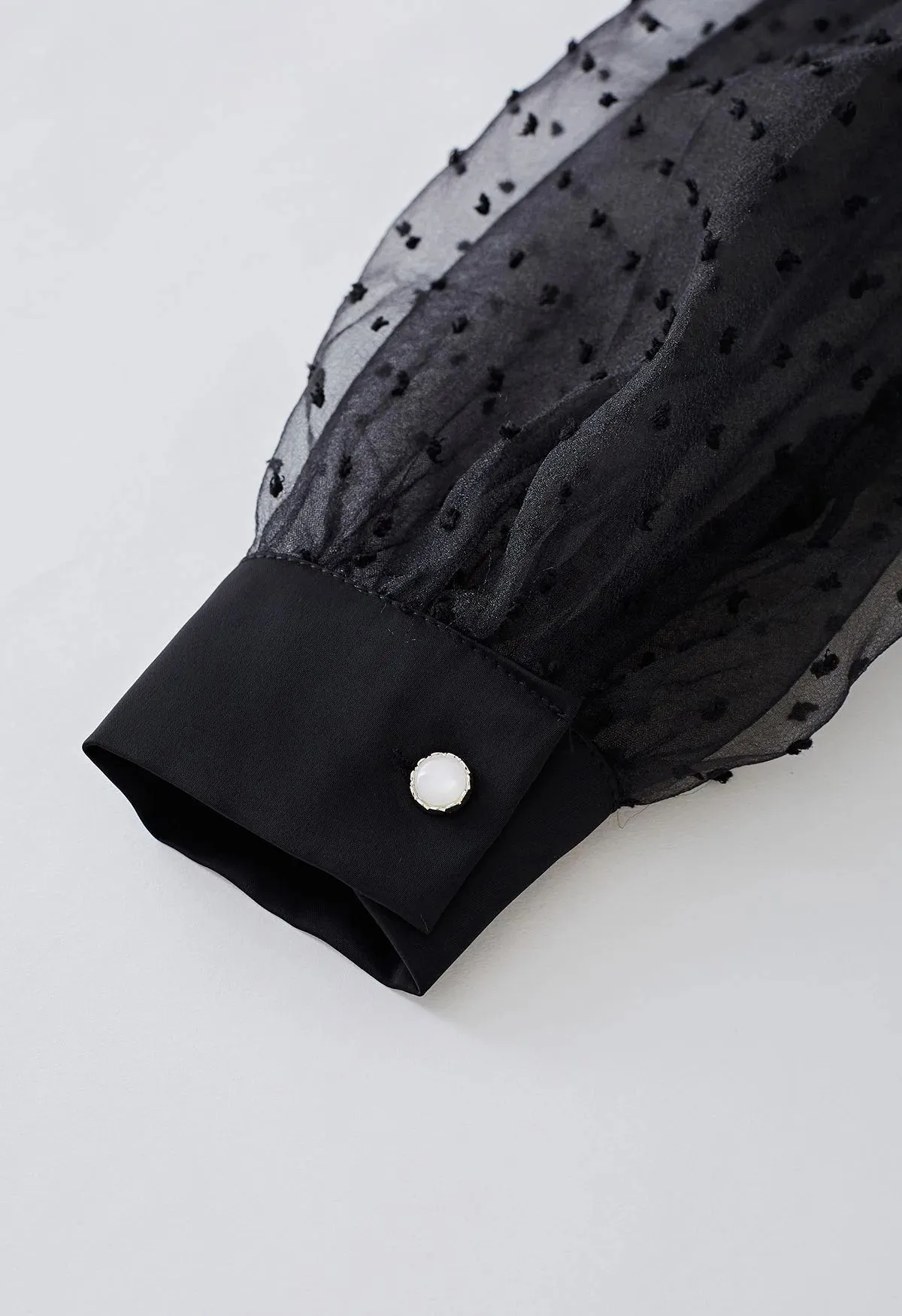 Chemise en nœud papillon en satin à Manches Bulles en Organza Flock Dots en Noir