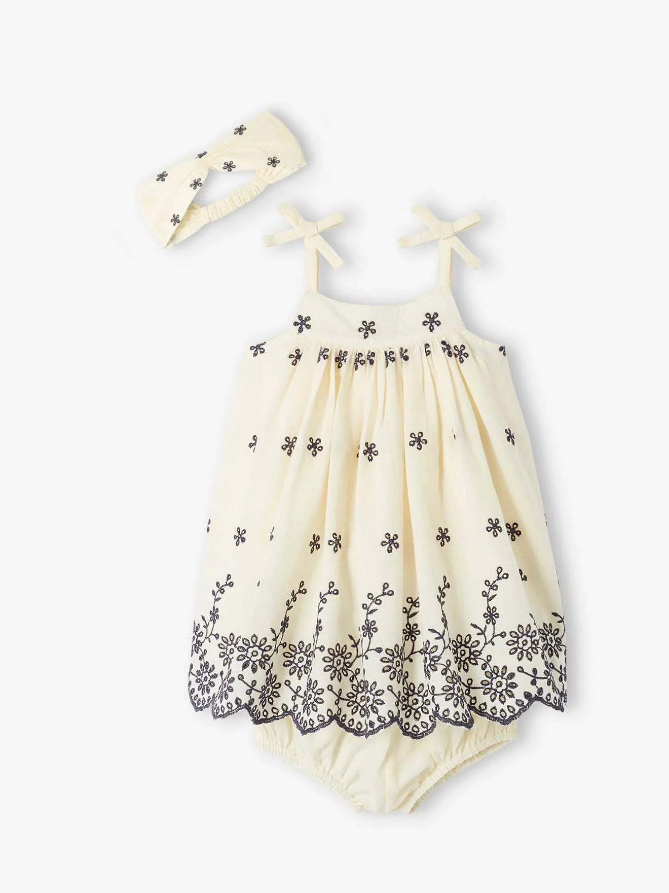 Ensemble bébé robe brodée, bloomer et bandeau assorti écru - Vertbaudet