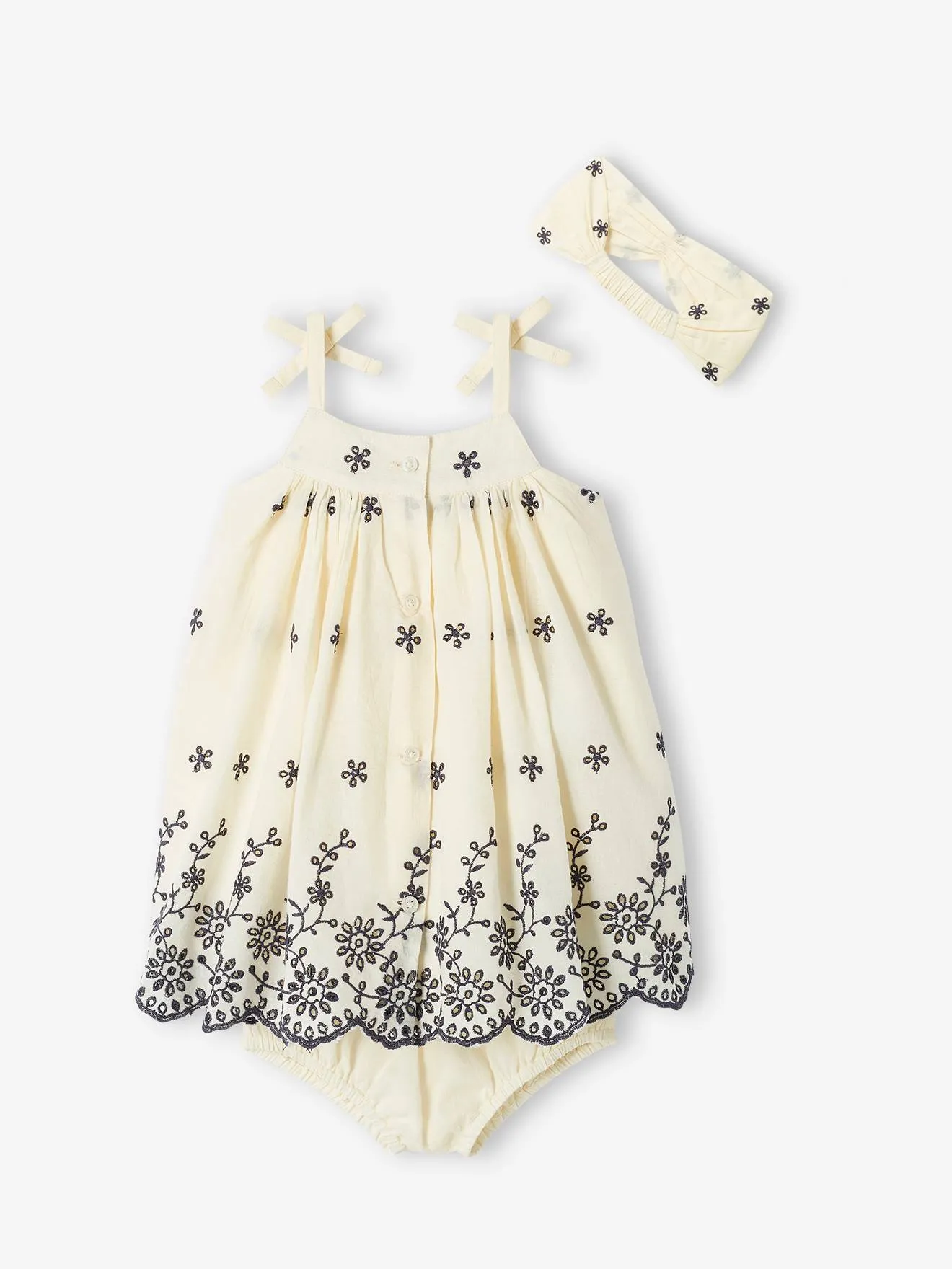 Ensemble bébé robe brodée, bloomer et bandeau assorti écru - Vertbaudet