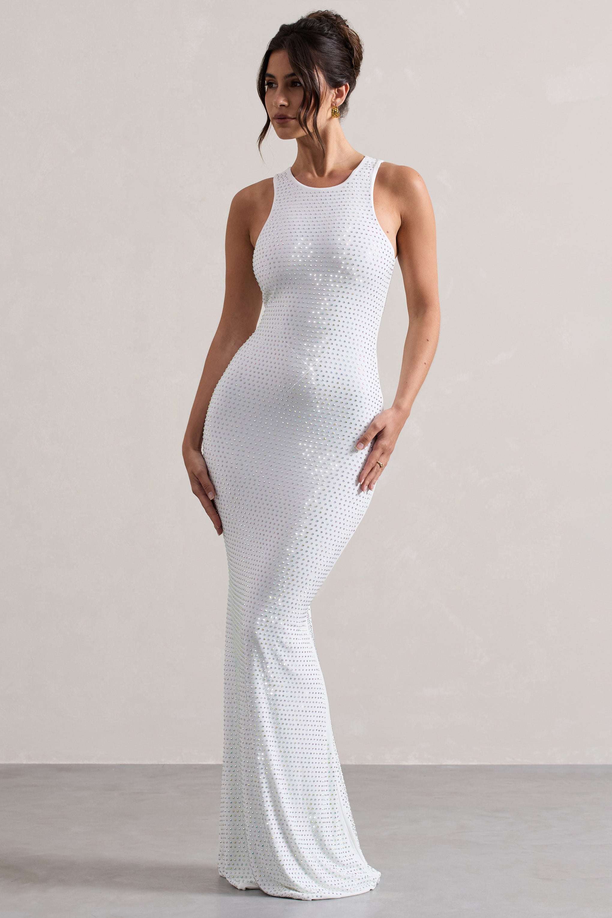 Escala | Robe longue blanche à strass et encolure arrondie