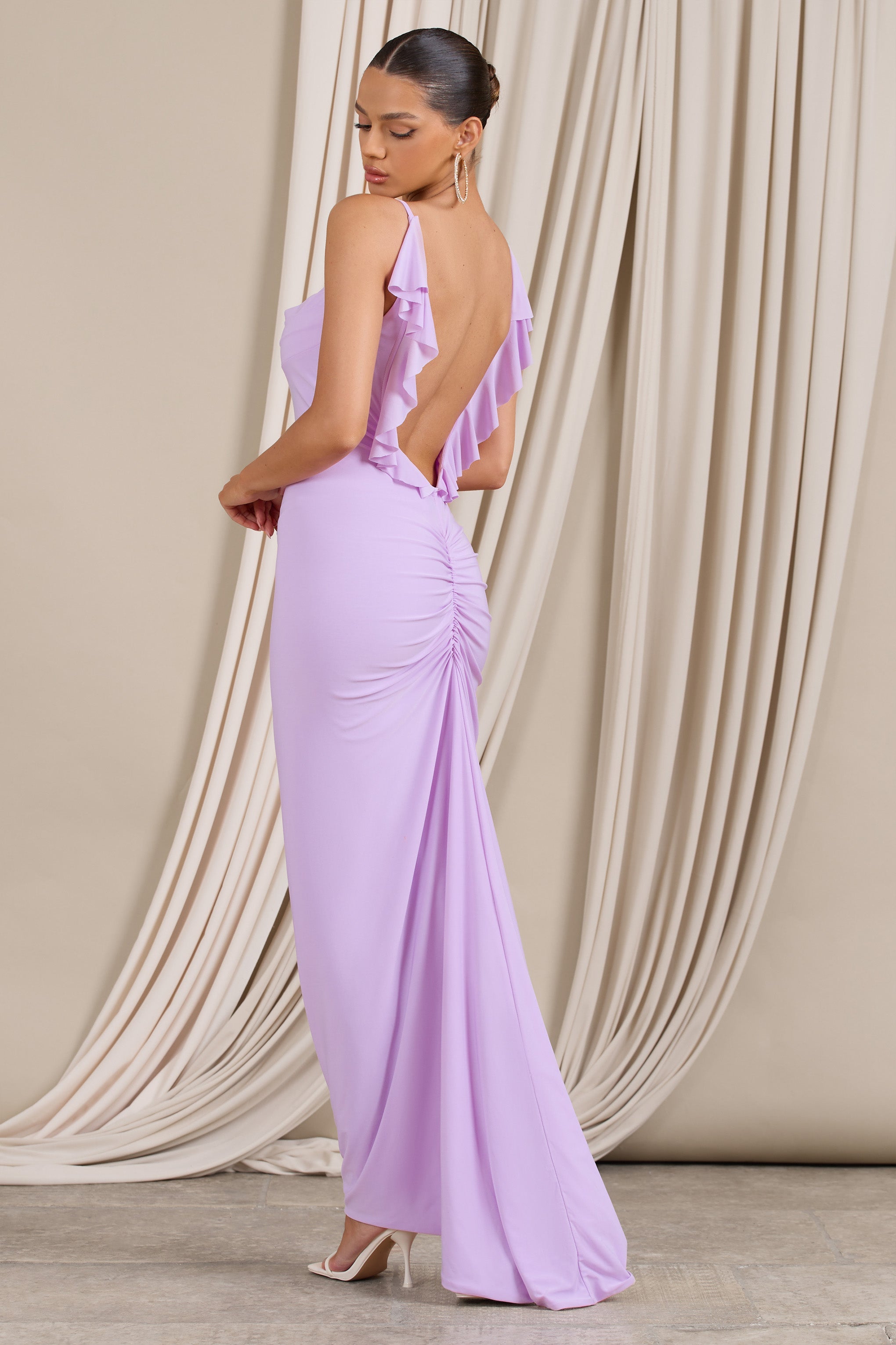 Flute | Robe longue moulante lilas avec dos froncé à volants