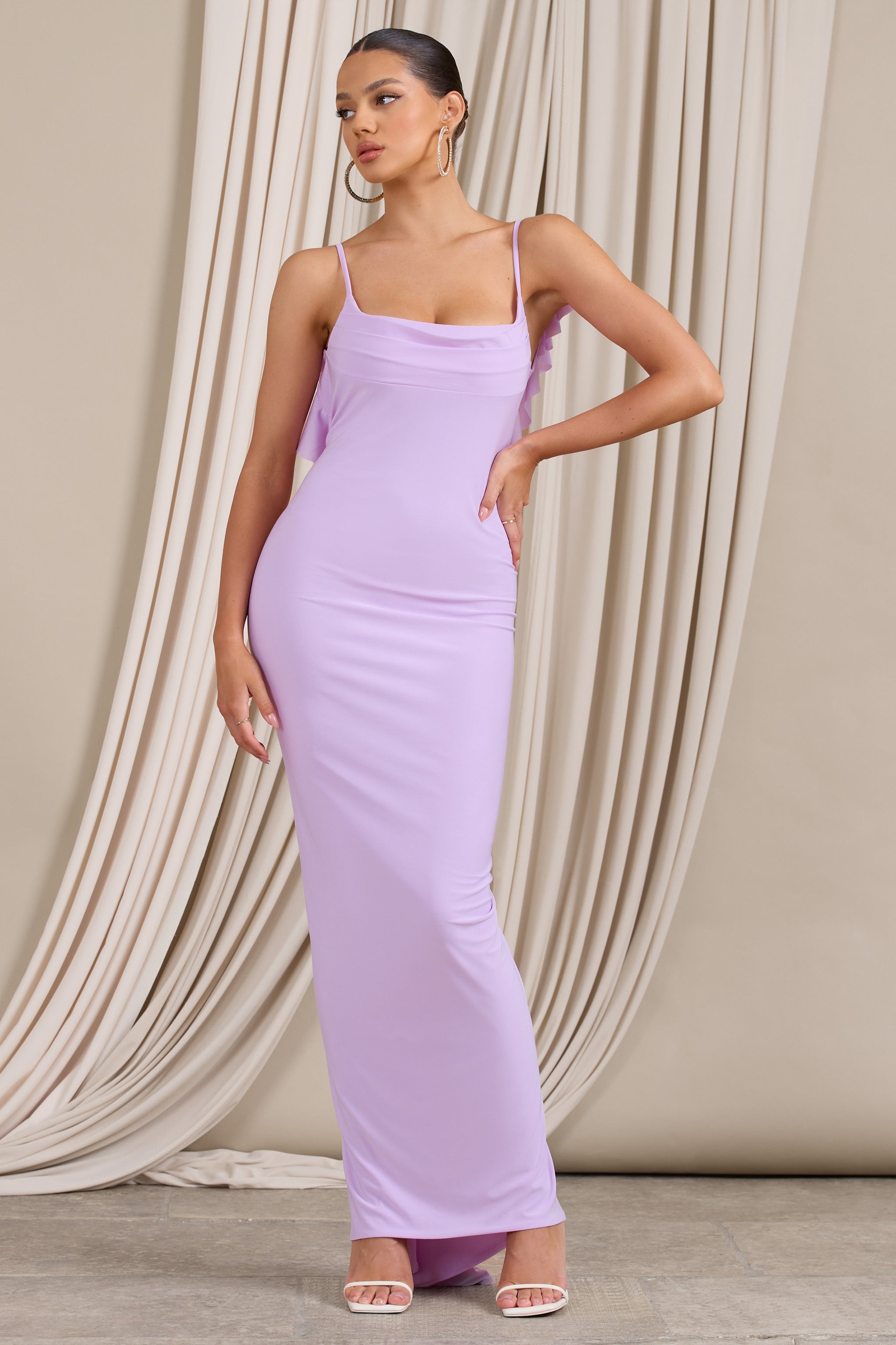 Flute | Robe longue moulante lilas avec dos froncé à volants