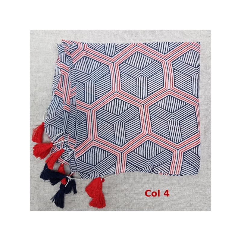 Foulard imprimé bleu jean et rouge en 100% coton, homme et femme