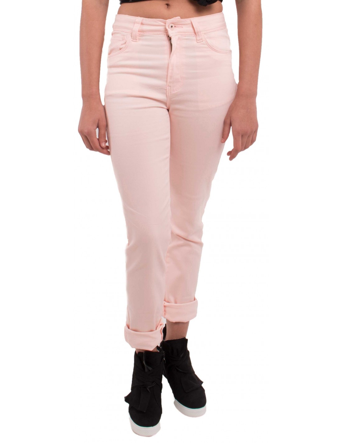 Jean femme rose clair coupe droite & taille haute type jean stretch avec revers chevilles amovibles