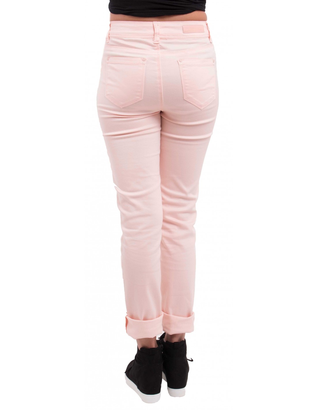 Jean femme rose clair coupe droite & taille haute type jean stretch avec revers chevilles amovibles