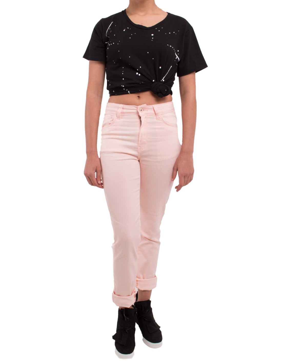 Jean femme rose clair coupe droite & taille haute type jean stretch avec revers chevilles amovibles