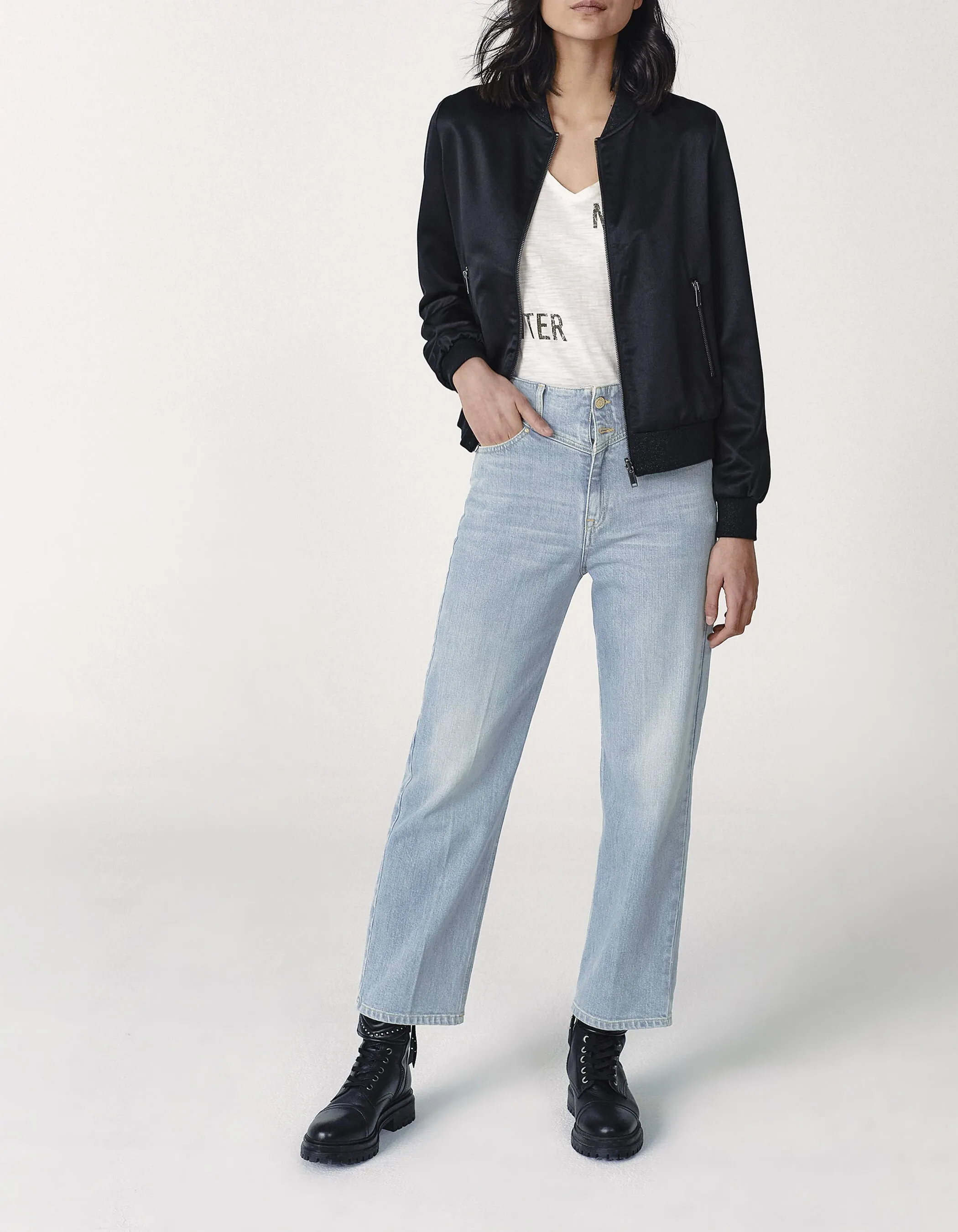 Jean slouchy bleu clair mid waist longueur cropped femme