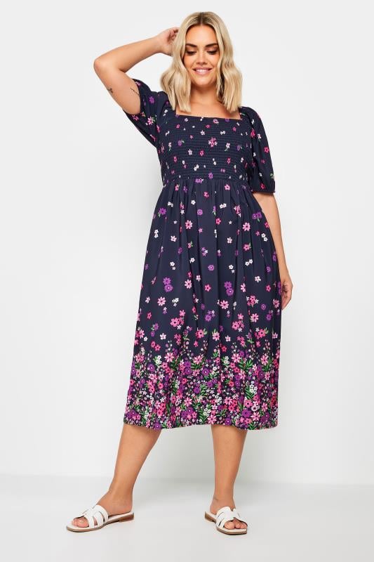 LIMITED COLLECTION - Robe Midi Bleue Marine Floral Rose