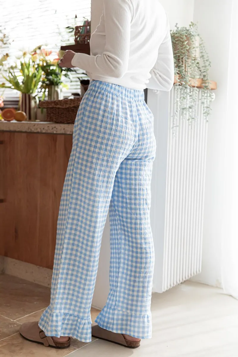 MAHÉ Bleu Pantalon Vichy gaze de coton femme