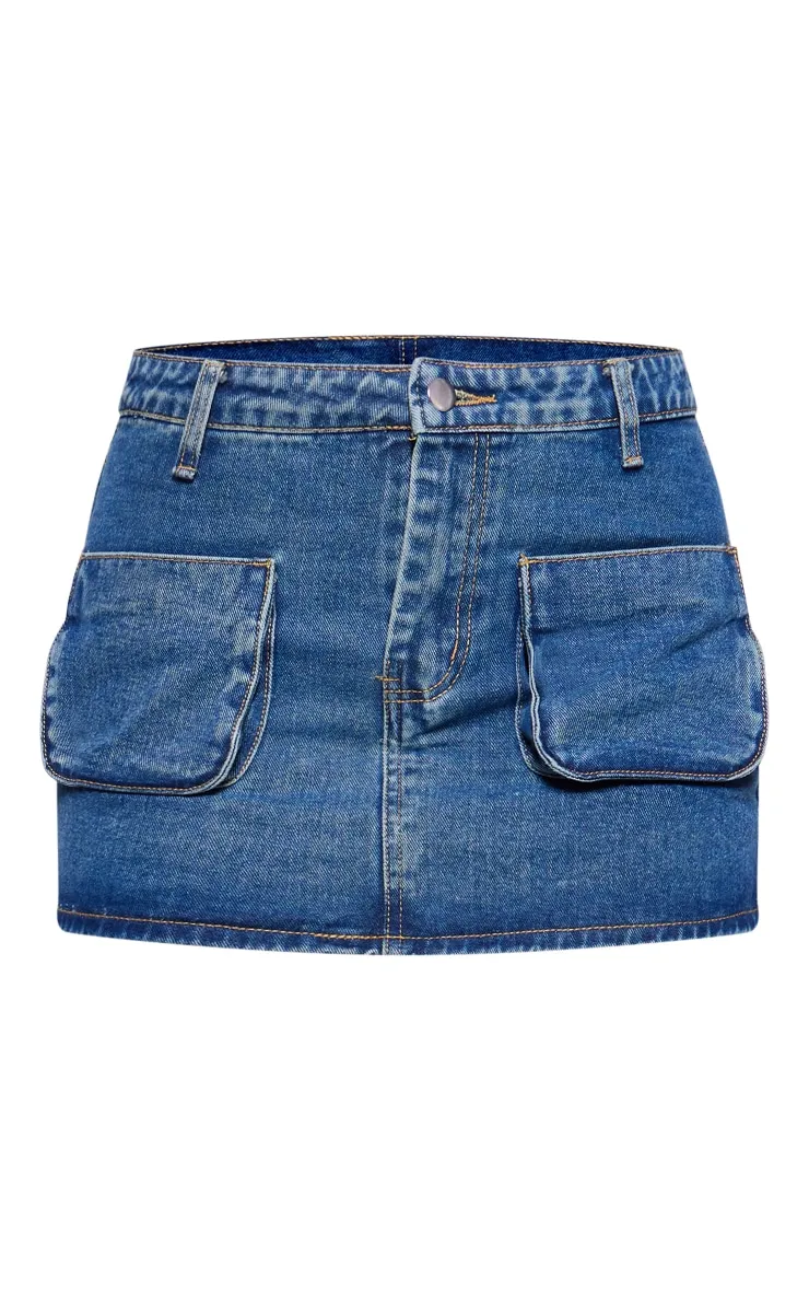 Mini-jupe en jean indigo délavé effet vintage à poches cargo devant