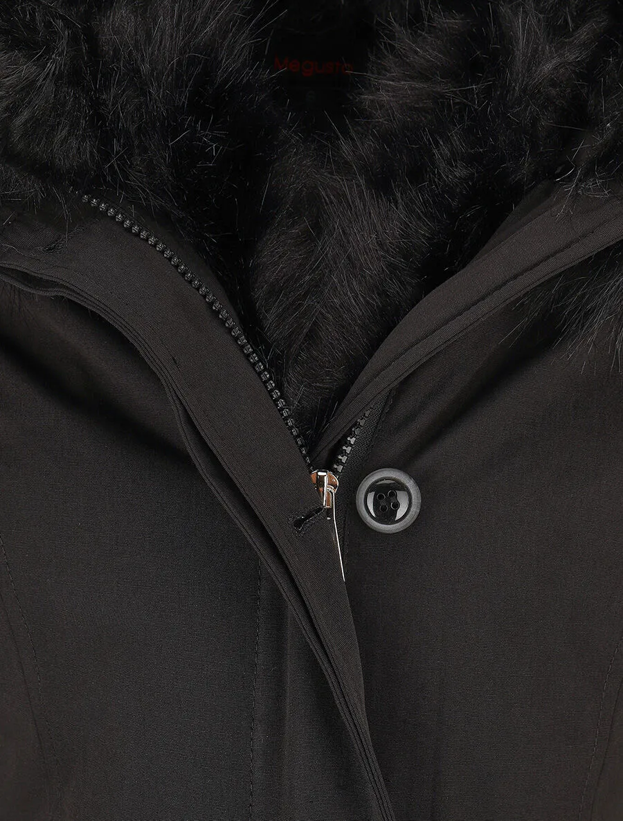 Parka uni à fourrure synthétique uni - Noir