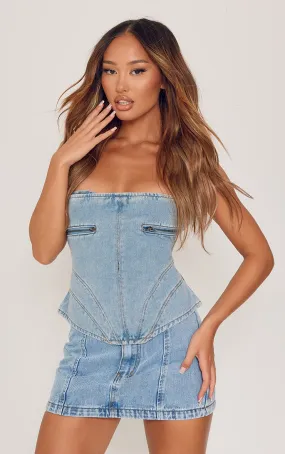 Petite Corset en jean délavé vintage à zip et ourlet incurvé