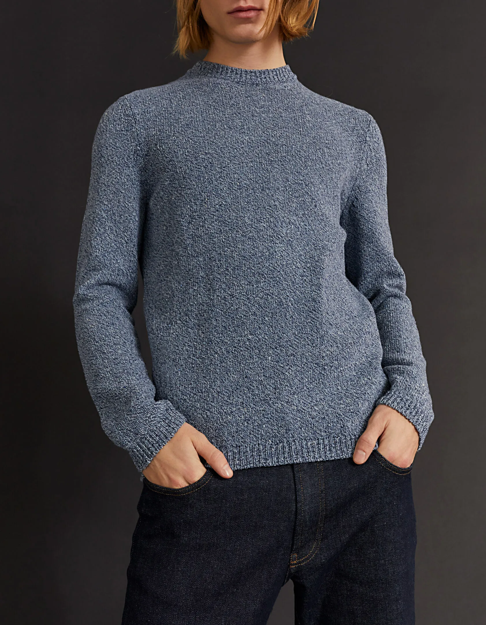 Pull bleu stone tricot mouliné Homme