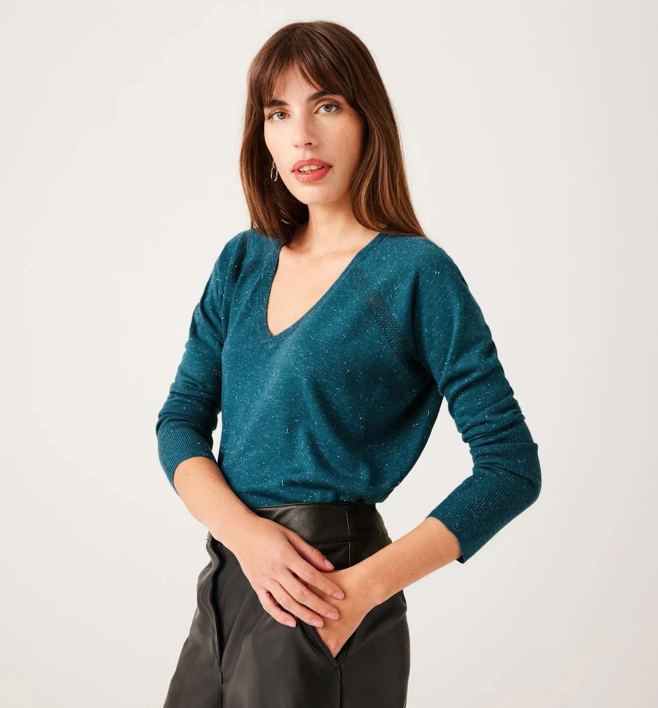 Pull col V irisé Femme - Rayé sable