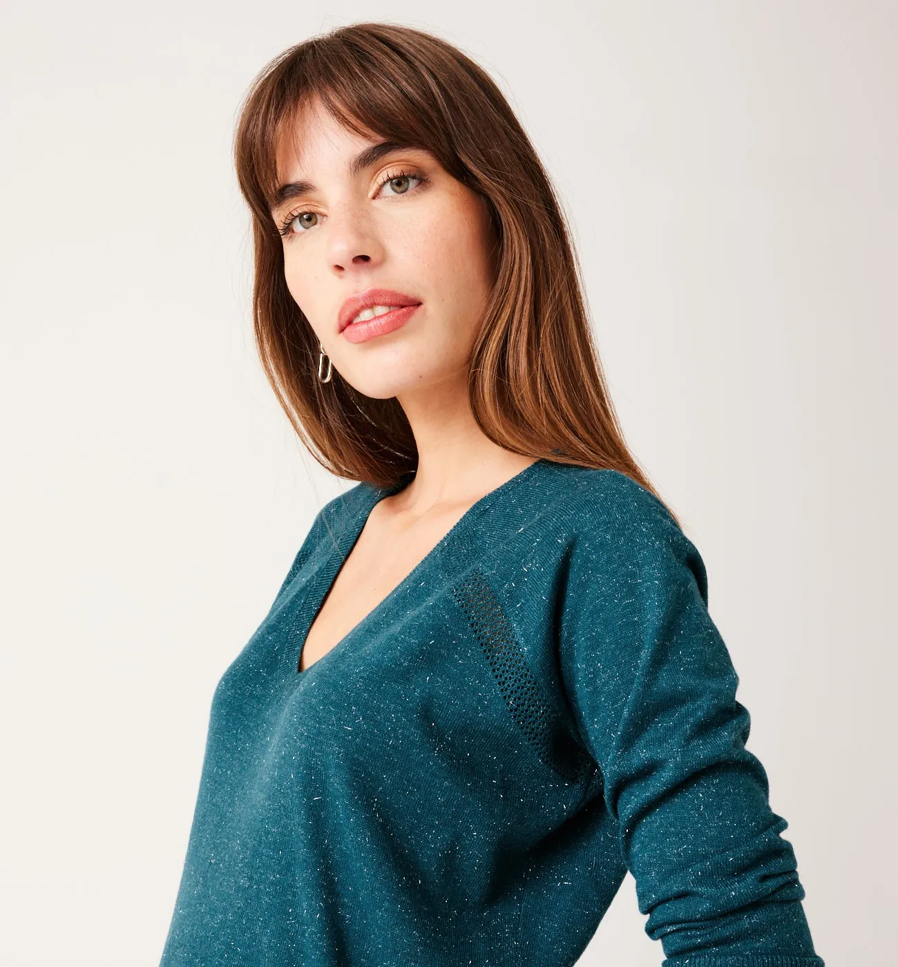 Pull col V irisé Femme - Rayé sable