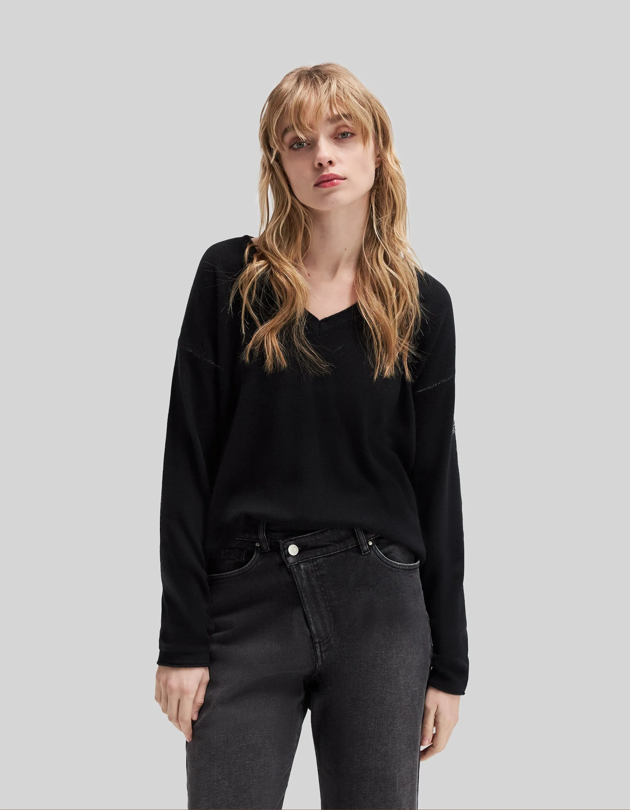 Pull noir encolure V 100% cachemire Femme