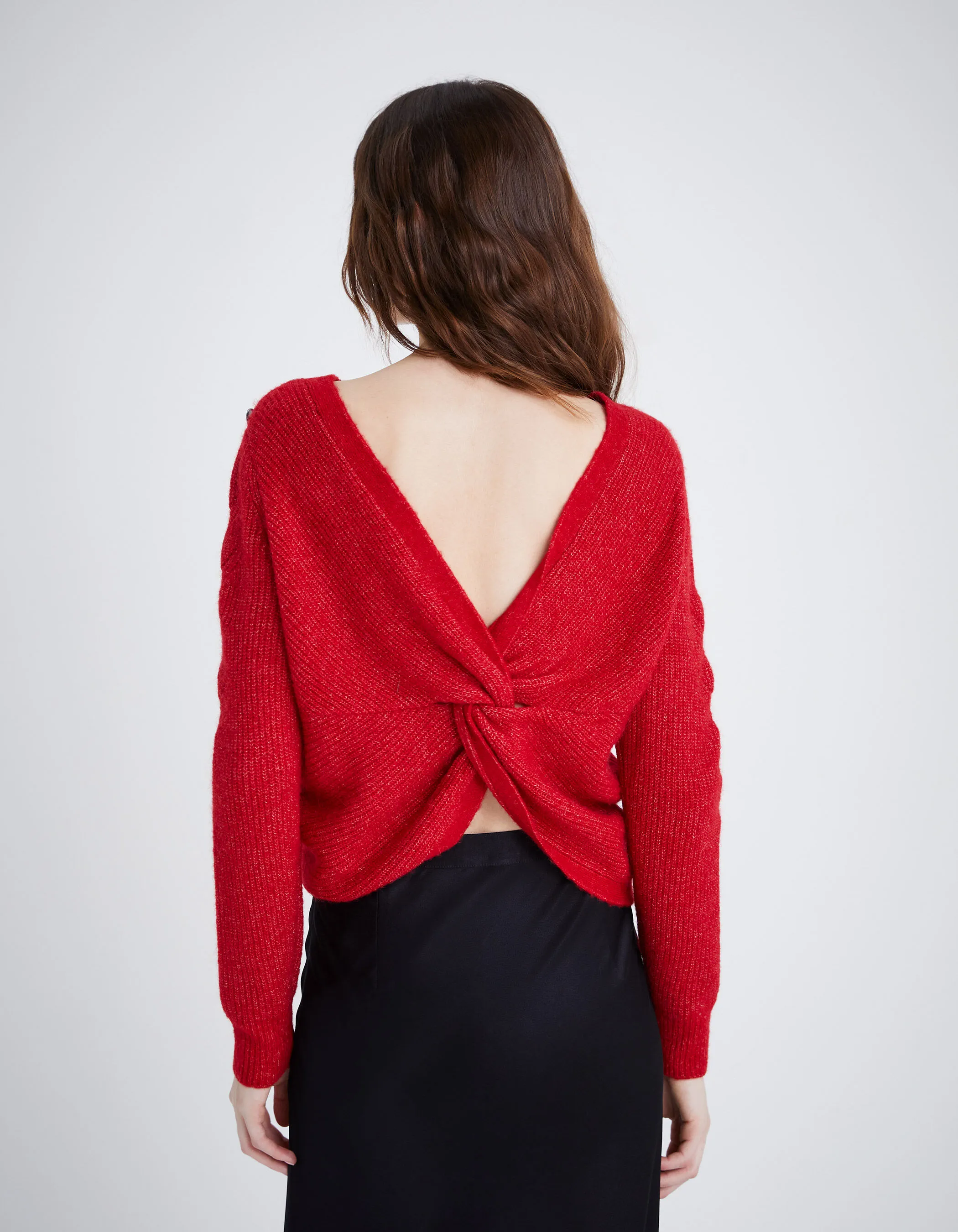 Pull rouge tricot noeud fixe au dos Femme