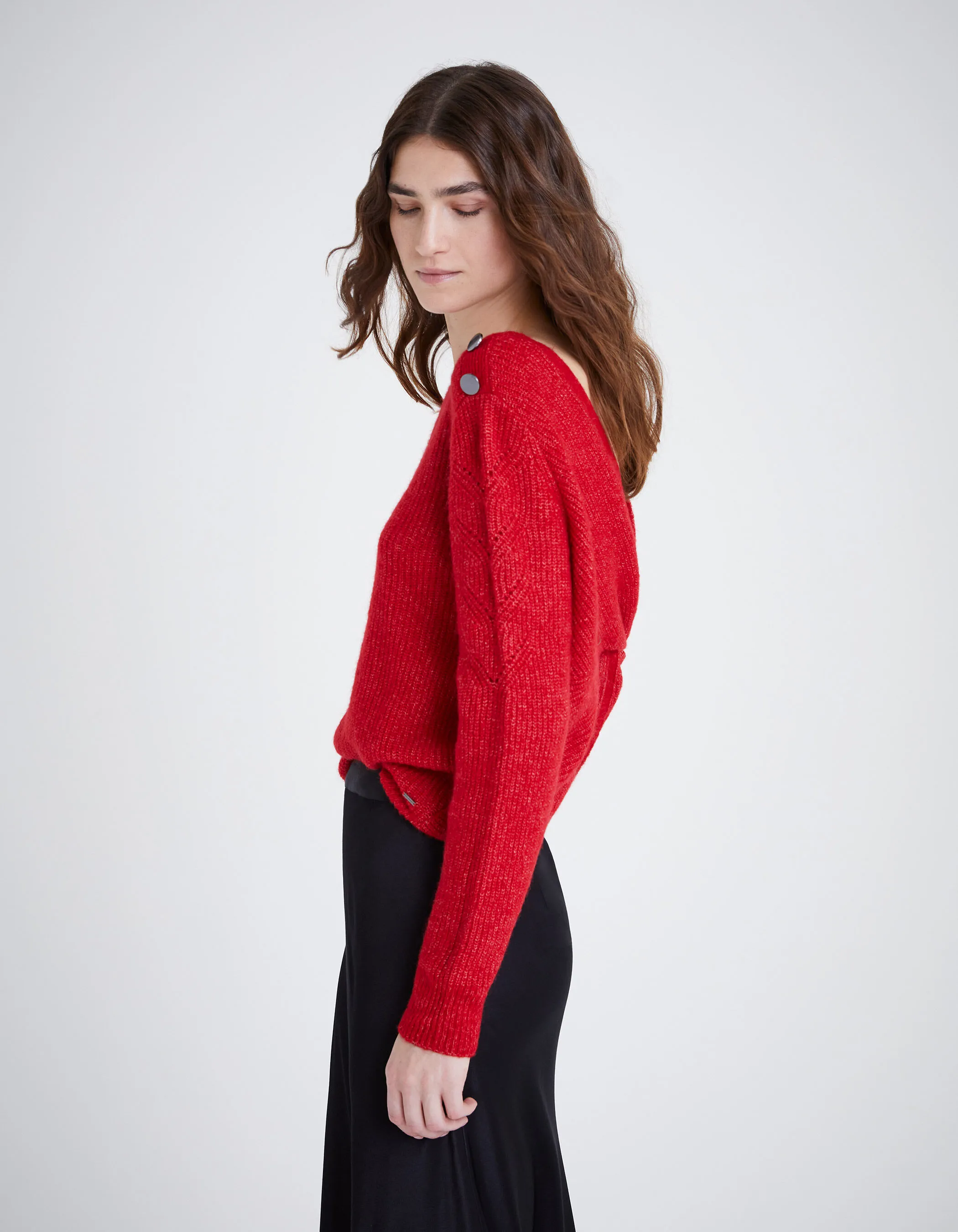 Pull rouge tricot noeud fixe au dos Femme