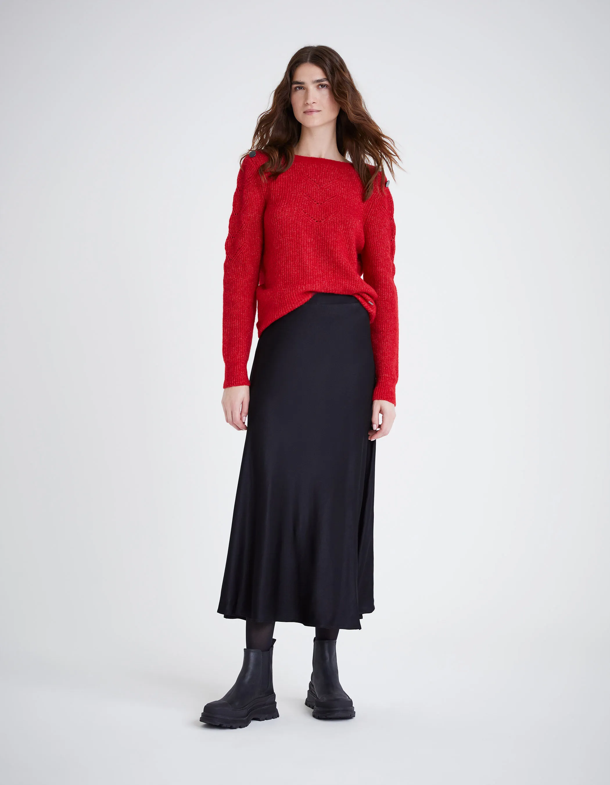 Pull rouge tricot noeud fixe au dos Femme