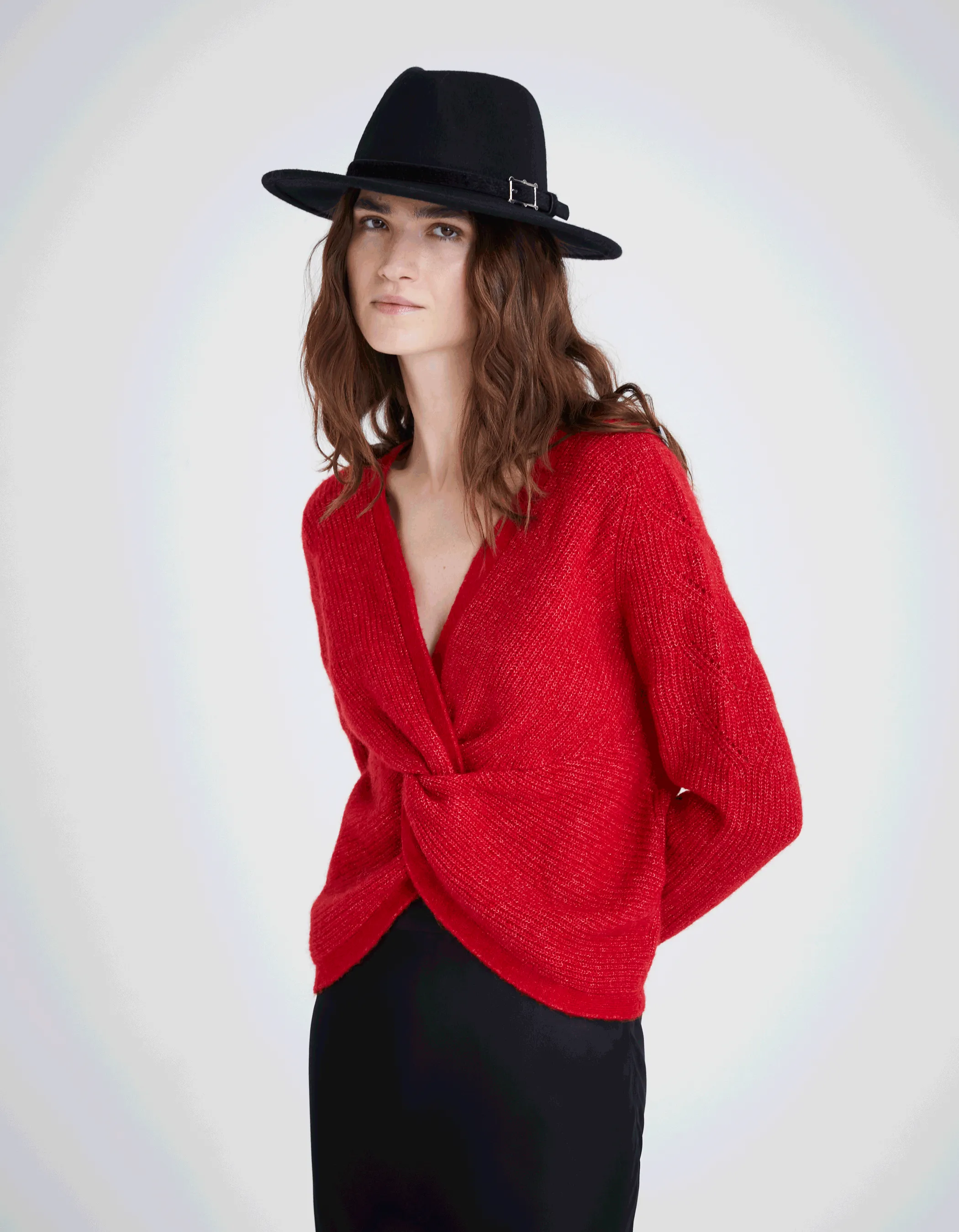 Pull rouge tricot noeud fixe au dos Femme