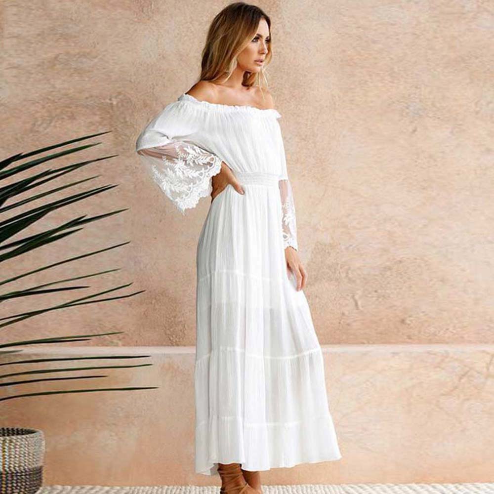 Robe Blanche Style bohème à épaules dénudées