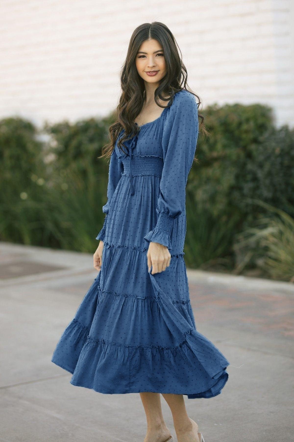 Robe Bohème Bleue Avec Manches