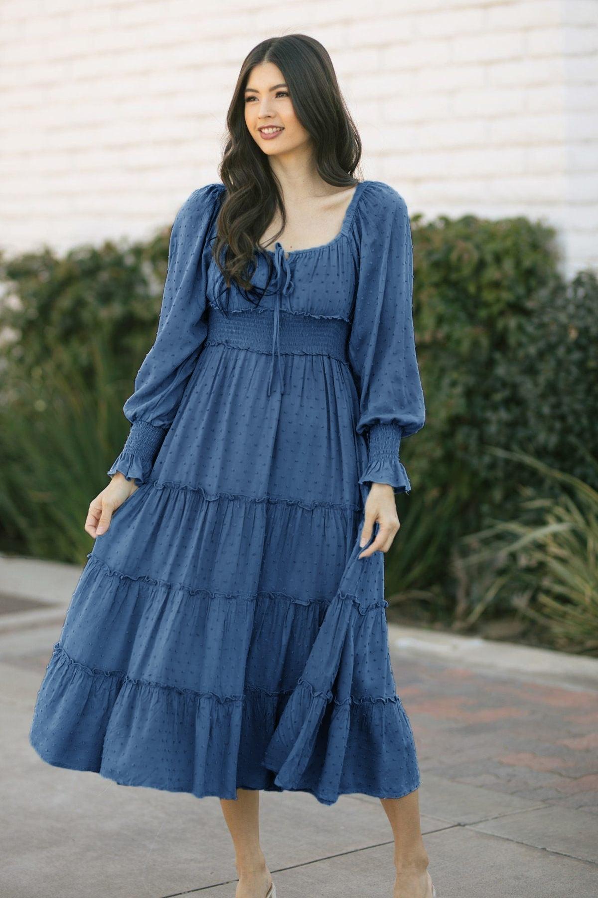 Robe Bohème Bleue Avec Manches