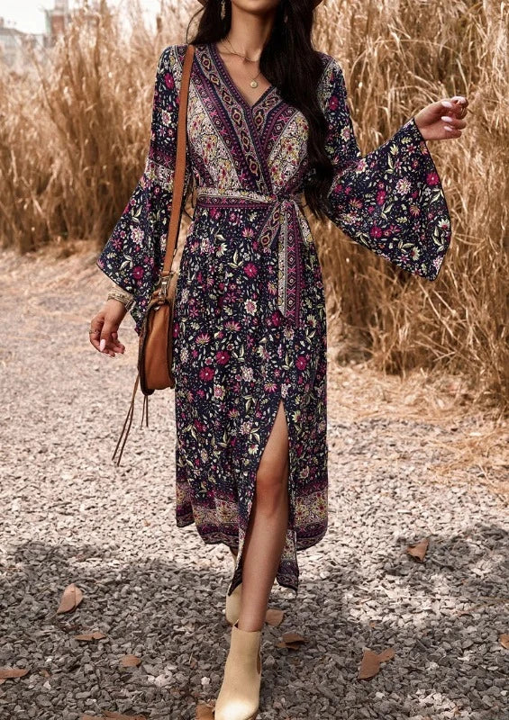 Robe Bohème Longue Noire à Fleurs