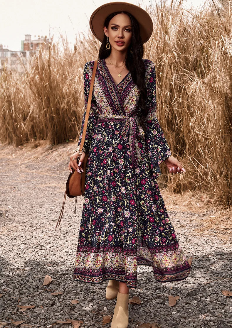 Robe Bohème Longue Noire à Fleurs