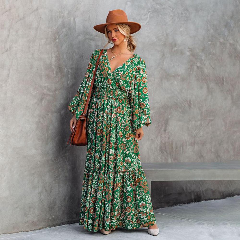 Robe Bohème Maxi Florale Verte