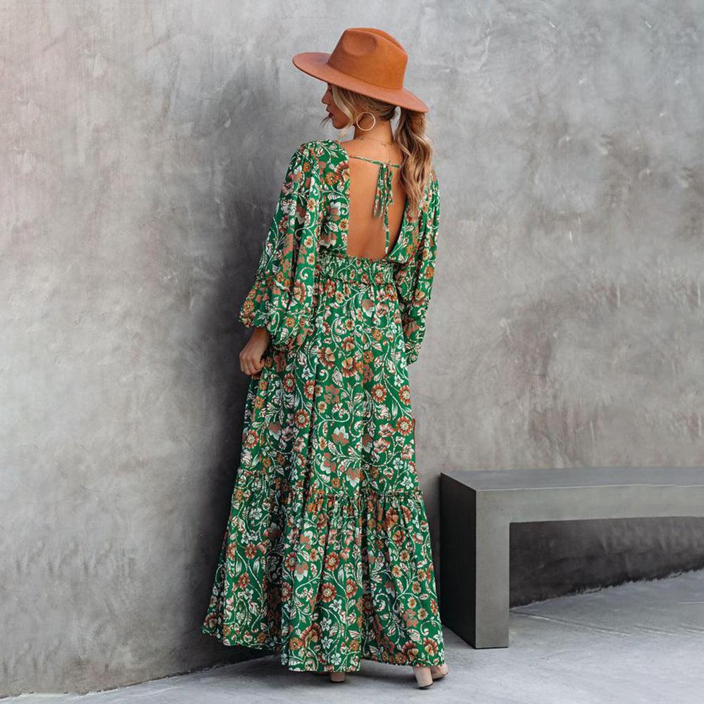 Robe Bohème Maxi Florale Verte