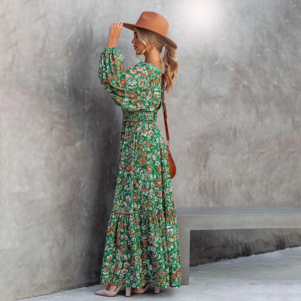 Robe Bohème Maxi Florale Verte