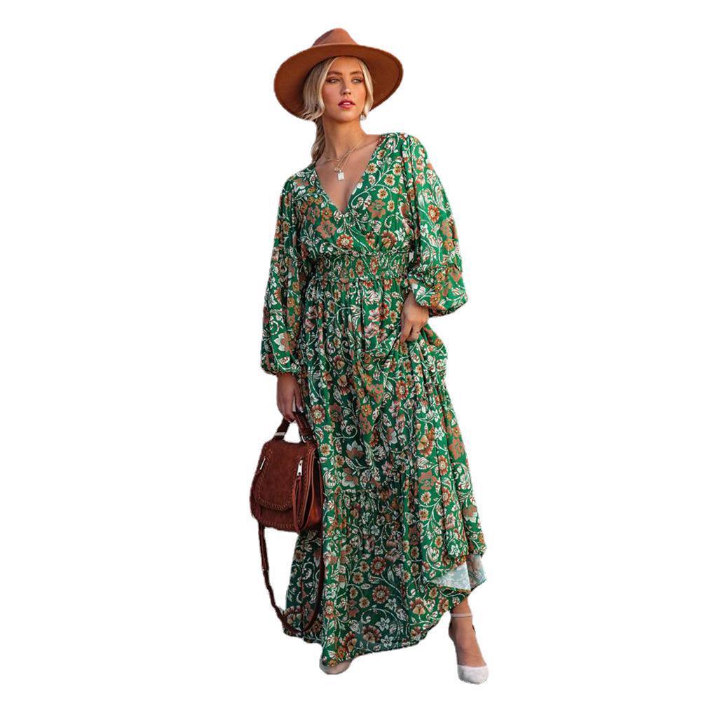 Robe Bohème Maxi Florale Verte