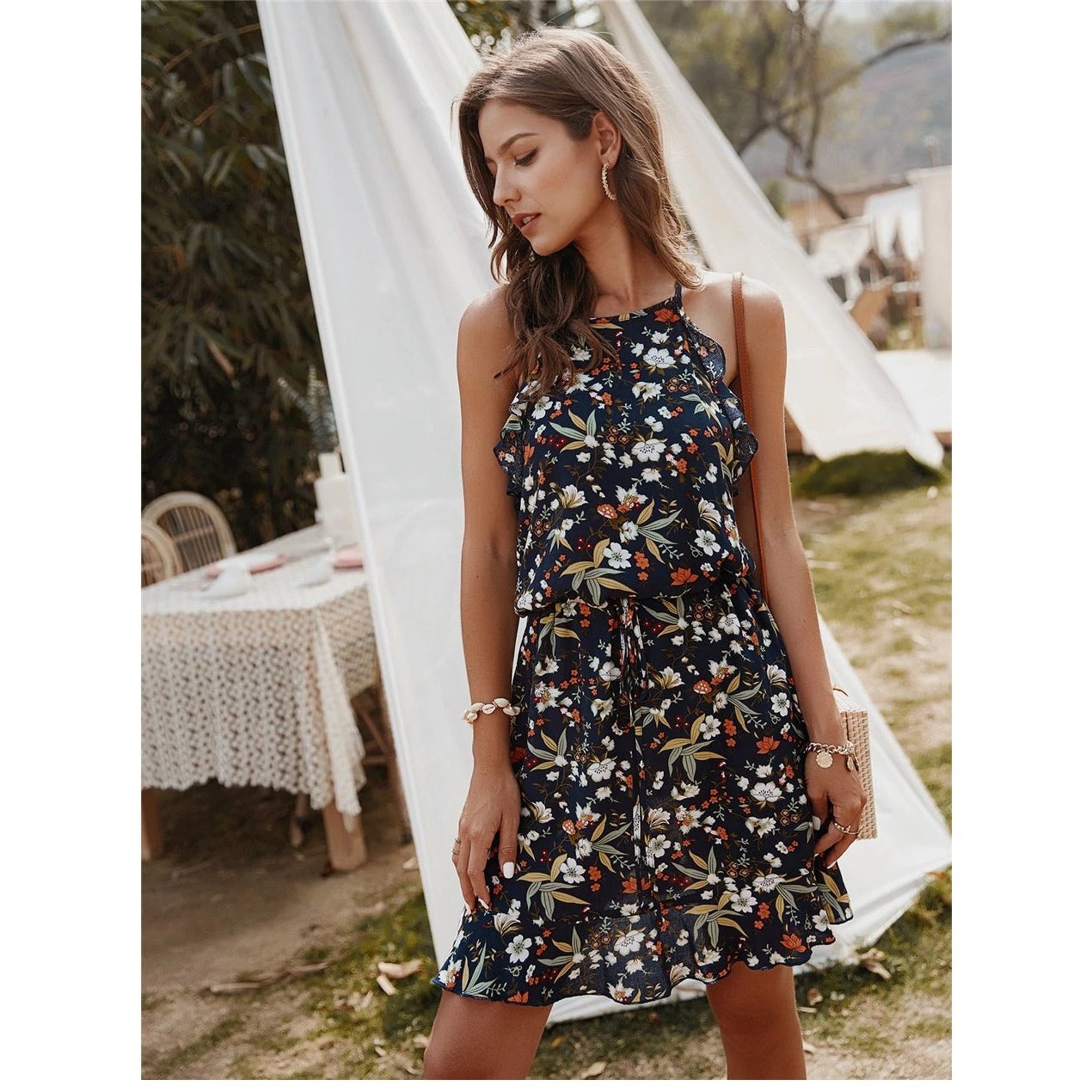 Robe Bohème Noir Fleur Exotique