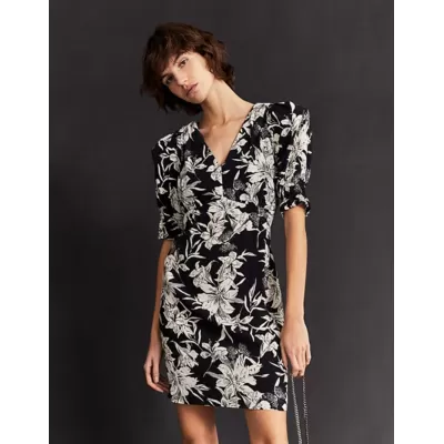 Robe courte en crêpe imprimé floral - Noir - IKKS