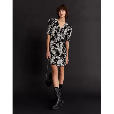 Robe courte en crêpe imprimé floral - Noir - IKKS