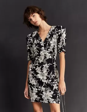 Robe courte en crêpe imprimé floral - Noir - IKKS