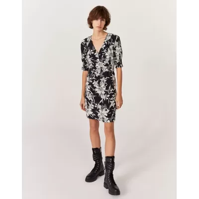 Robe courte en crêpe imprimé floral - Noir - IKKS