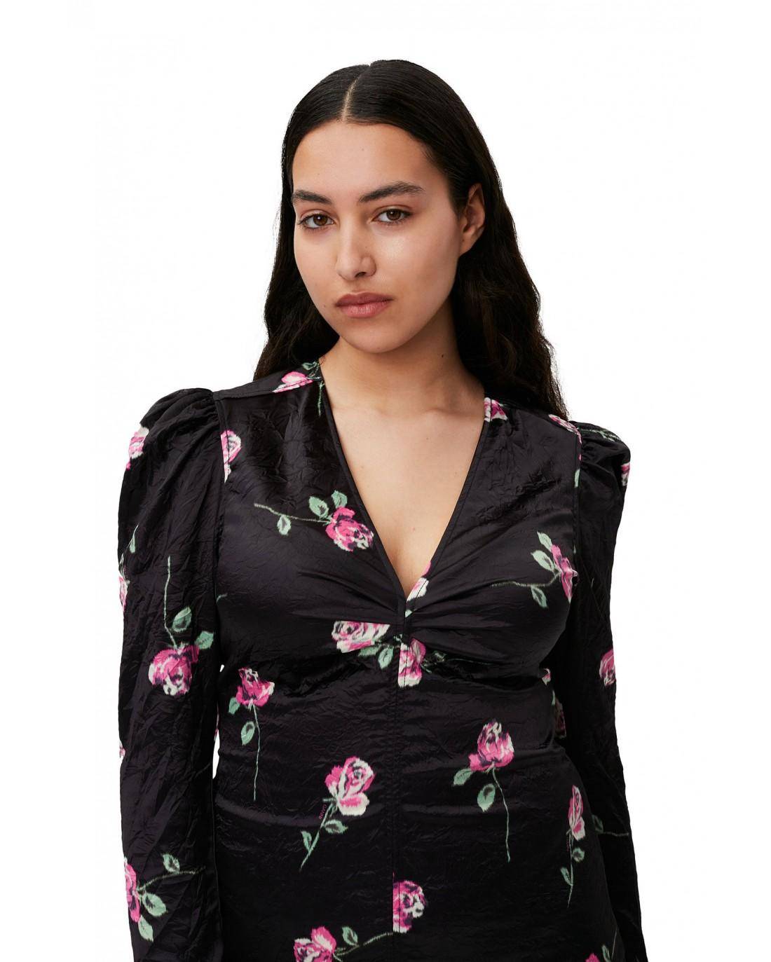 ROBE CRINKLED SATIN V-NECK BLACK - Ganni  | Chez Maman Rouen