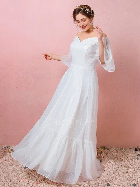 Robe De Mariée Grande Taille Boheme Epaule Tombante Fluide Légère Manche Papillon