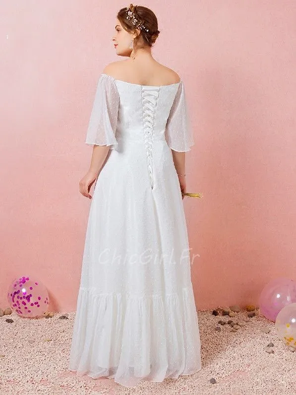 Robe De Mariée Grande Taille Boheme Epaule Tombante Fluide Légère Manche Papillon