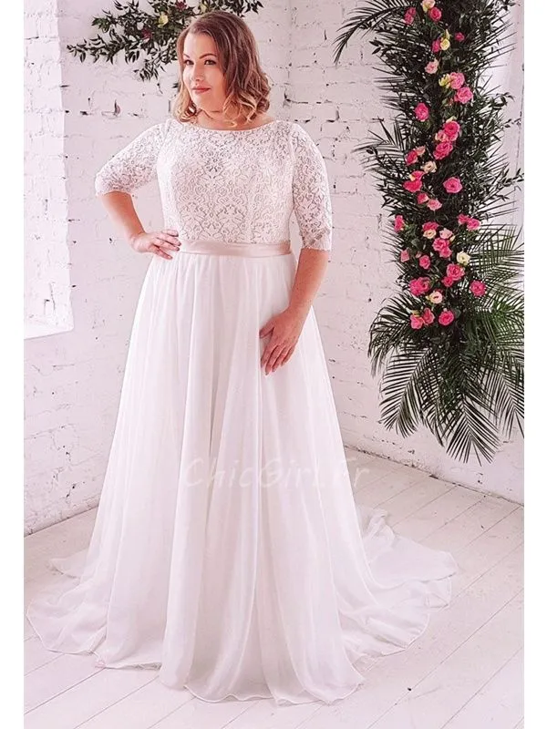 Robe De Mariée Grande Taille Chic Boheme Tulle Dentelle Manche Col Bateau