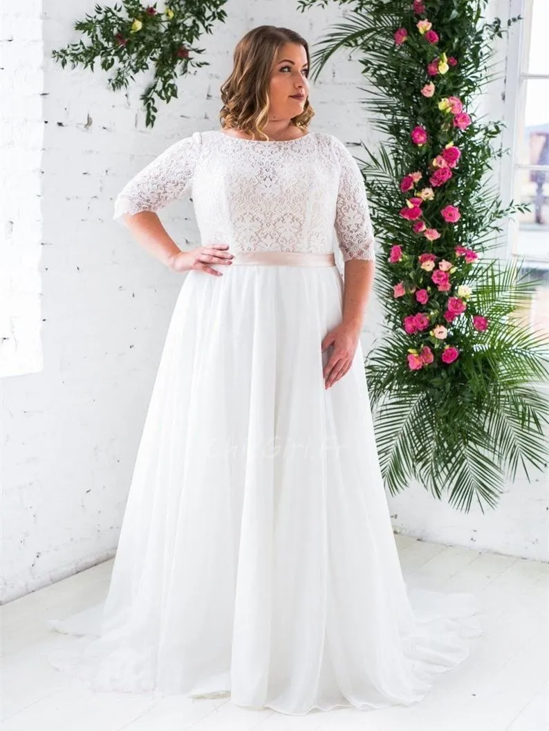 Robe De Mariée Grande Taille Chic Boheme Tulle Dentelle Manche Col Bateau