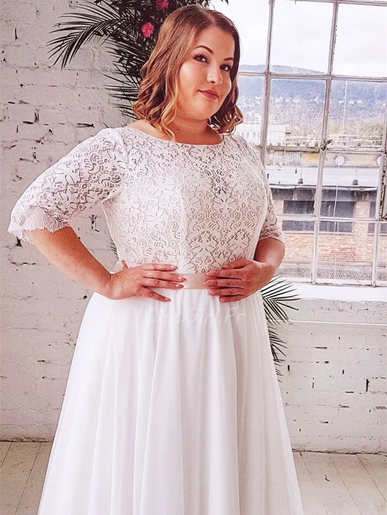 Robe De Mariée Grande Taille Chic Boheme Tulle Dentelle Manche Col Bateau