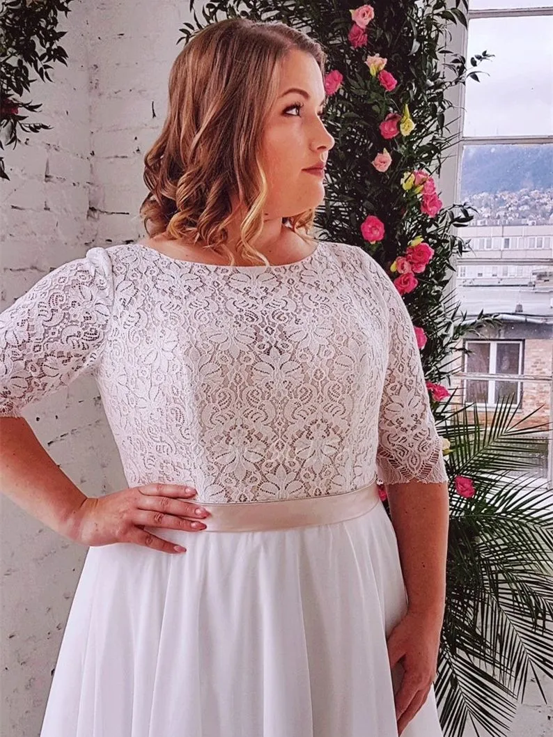 Robe De Mariée Grande Taille Chic Boheme Tulle Dentelle Manche Col Bateau